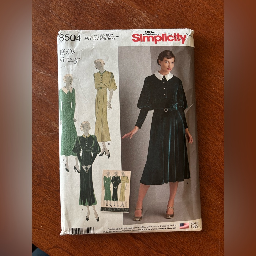 2/$20 Simplicity Sewing Pattern 8504, a vintage reproduction 30’s inspired